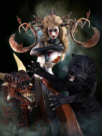 Blonde fantasy girl standing with a dragon and black panther.
