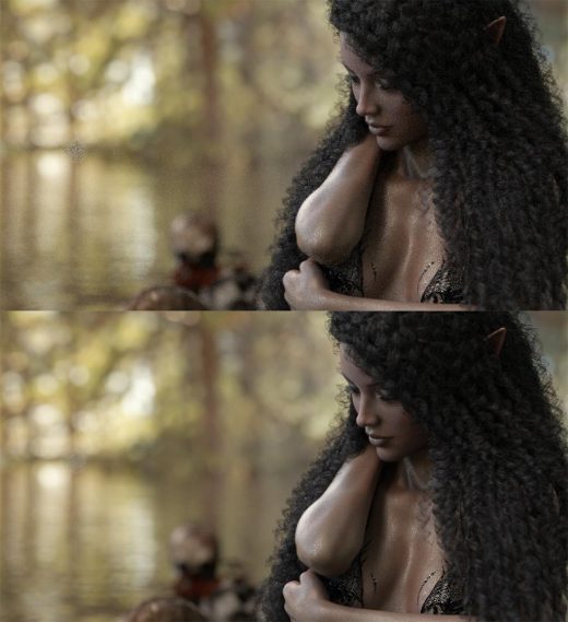 Comparison of a lower resolution (top) and higher resolution (bottom) image. Both images are of a horned fantasy girl standing in water with skulls around her. Daz Studio Iray render.