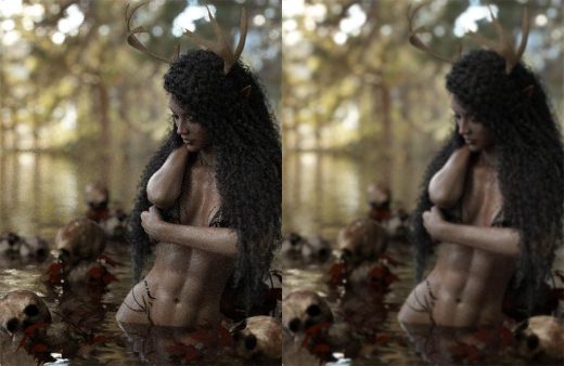 Left image - Noisy image of fantasy girl with horns, standing in water surrounded by skulls. Right - The same image with noise removed by Gaussian Blur.