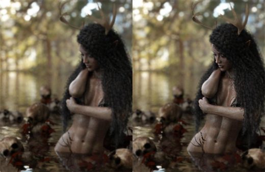 This two comparison images show how we reduce Iray render noise by blurring our image, and also how we get back detail by resharpening our fantasy girl figure.