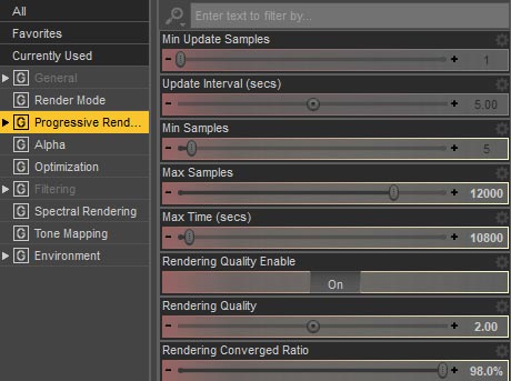 Daz Studio Iray screenshot of Render Settings > Progressive Rendering parameters. By adjusting these parameters we can control quality of render at the cost of increased rendering time.