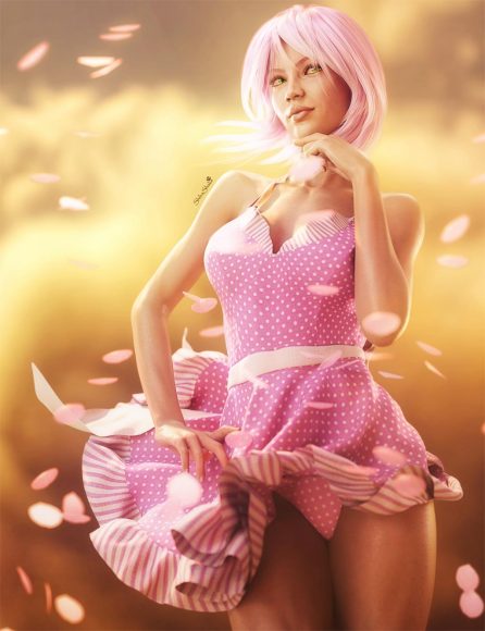 Girl with pink hair, pink dress, and pink petals blowing in the wind. Daz Studio dForce Iray picture. Fantasy Art.