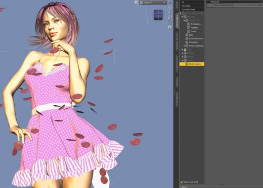 Daz Studio screenshot of a newly loaded pink dress with our dForce wind morph attached to it in the Parameters tab.