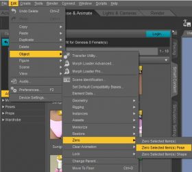 Daz Studio screenshot of how to select all parts of an object and zero out all other pose and shape settings.