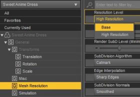 Daz Studio screenshot of how to set the mesh resolution level of our dForce pink dress to Base.