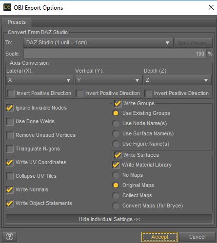 Daz Studio screenshot of OBJ Export options with Daz Studio defaults.