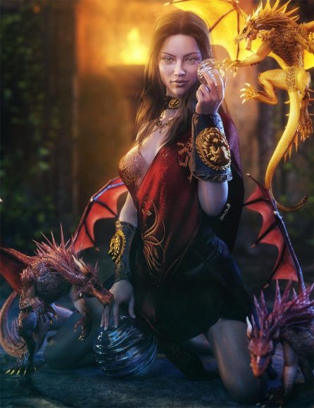 Brown haired fantasy woman holding glass spheres with three small dragons around her. Fantasy Art. Daz Studio Iray Image.