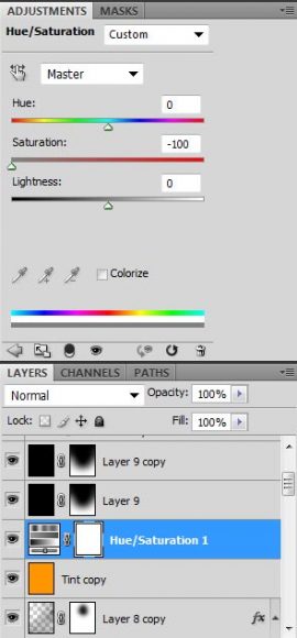 Photoshop screenshot of adding in a Hue/Saturation adjustment layer and converting my cyborg girl image into a gray-scale picture.