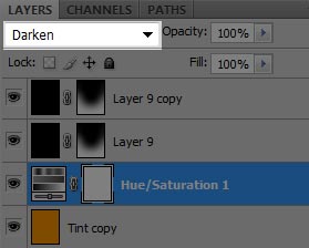 Photoshop screenshot of the layers' tab with the blending mode drop-down menu highlighted.