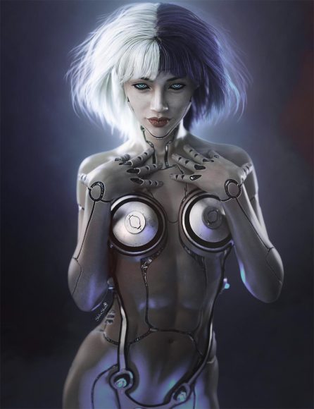 Resulting cyborg girl fantasy image when blending mode is set to Lighten.