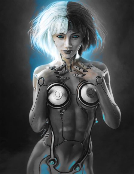 Final cyborg girl fantasy image when blending mode is set to Lighter Color.