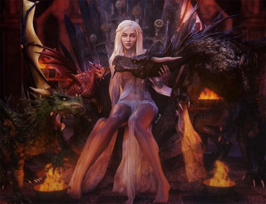 Daenerys Targaryen, Mother of Dragons, sitting on the Iron Throne, surrounded by three dragons. Fantasy Fan-Art. Daz Studio Iray Image.