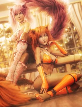 Two cute cat girls, one sitting on the floor with red hair and another sitting on a bench with pink hair. Fantasy women pin-up art. Daz Studio Iray image.