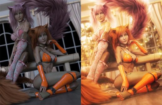 Left is cat girls pinup image with just an environment light, right is the cat girls pinup image that is completed with all lights and post-work.