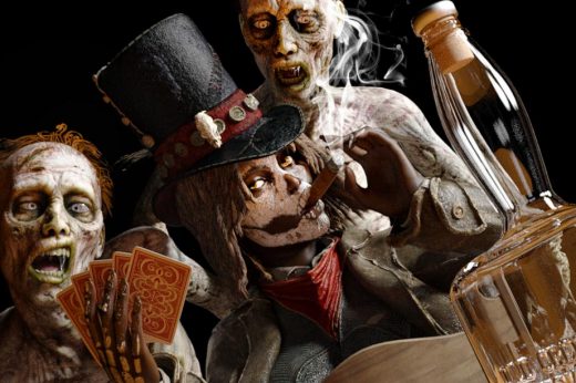 Voo-doo girl smoking a cigar and playing poker with her two zombie sidekicks. Fantasy horror humor art.