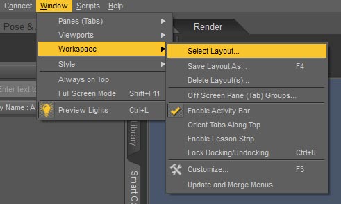 Daz Studio screenshot  on how to select the layout of the Daz Studio interface.