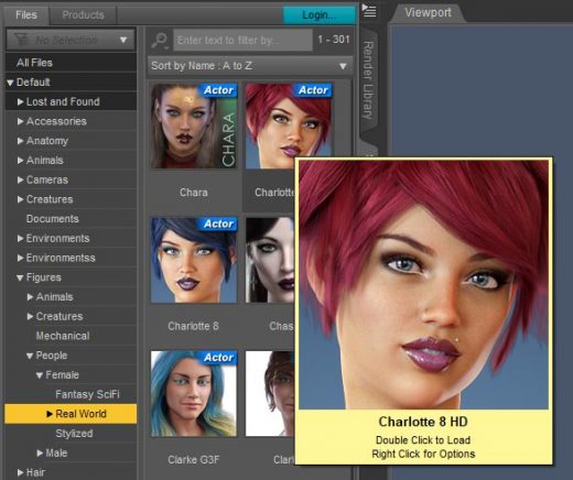 Daz Studio screenshot of the smart content panel. From this panel, I choose to add a realistic female 3d-model into my Daz Studio scene.