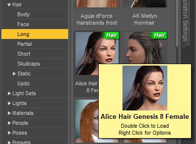Daz Studio screenshot of the smart content panel. From this panel, I choose to add a some hair onto my figure by selecting Hair > Long, and then double clicking on Alice Hair.