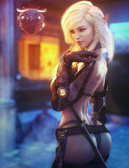 Blonde haired sci-fi elf girl with sword, standing next to an owl robot. Fantasy sci-fi woman art. Daz Studio Iray image.