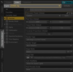 Daz Studio screenshot of the Render Settings tab. To set our renderer to Iray, we go to the Editor tab and select Iray from the drop-down menu next to Engine.