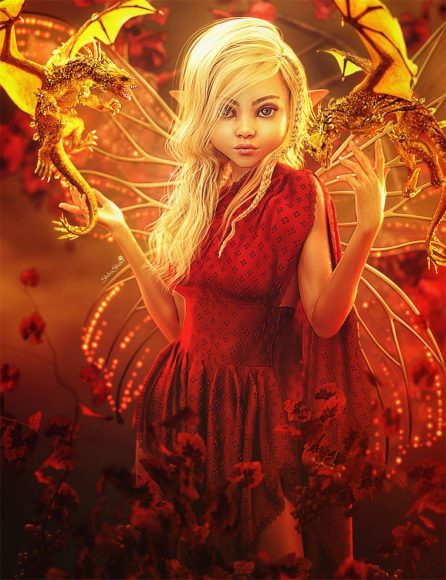 Blonde Fairy Girl with golden wings and two golden dragons. Fantasy woman art, Daz Studio Iray image.