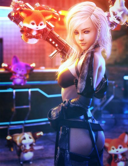 Blonde warrior sci-fi girl with a big gun and katana sword. Many cute foxes with jet-packs flying around her. Fantasy woman art. Daz Studio Iray image.