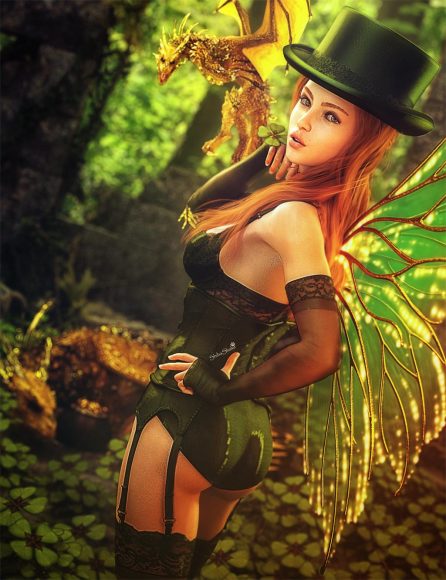 Red-head, winged, pin-up girl wearing a Saint Patrick's Day themed bustier lingerie set. There is a sleeping dragon with a pot of gold and a flying dragon. 