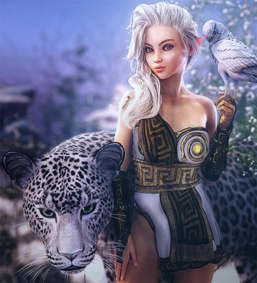Cute white elf girl with a falcon bird perched on her hand and a snow leopard standing beside her. Winter environment. Fantasy woman art, Daz Studio Iray image.