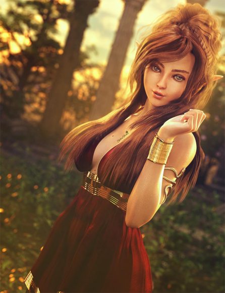 Brown haired elf girl in red greek dress standing in front of ancient ruins. Fantasy woman art. Daz Studio Iray image.