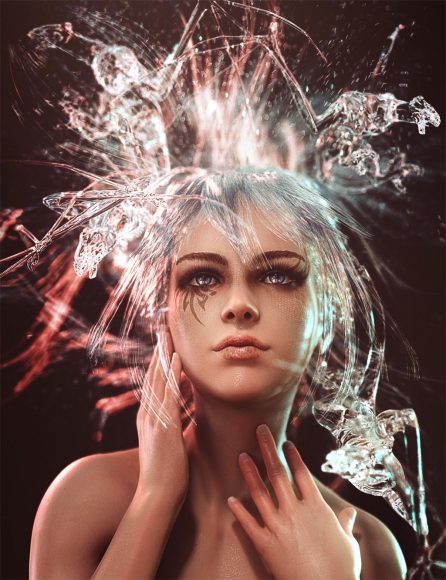 Fantasy girl portrait with water hair and water dragons flying out of it. Fantasy woman art. Daz Studio Iray image.