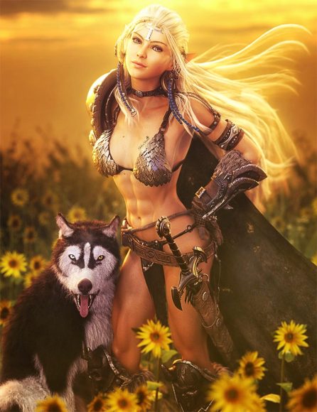 White haired elf girl with her Husky dog. She is smiling and standing in a field of sunflowers. Fantasy woman art. Daz Studio Iray image.