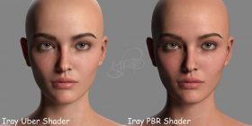 Side by side Victoria 8.1 face comparison of Daz Studio's PBR Iray Skin Shader and the Iray Uber Shader..