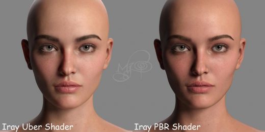 Side by side Victoria 8.1 face comparison of  Daz Studio's PBR Iray Skin Shader  and the Iray Uber Shader..