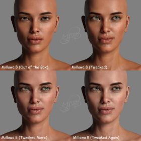 Side by side face comparisons of out-of-the-box Millawa 8 face and skin and multiple tweaked Millawa 8 face and skin.