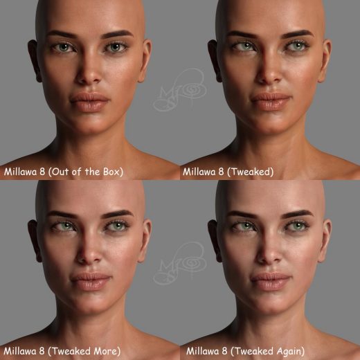 Side by side face comparisons of out-of-the-box Millawa 8 face and skin and multiple tweaked Millawa 8 face and skin.