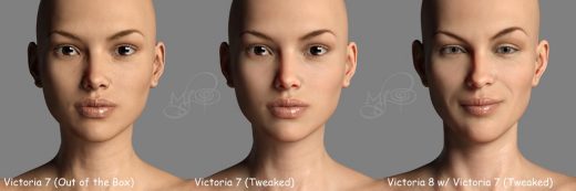 Side by side face comparisons of out-of-the-box Victoria 7 skin and tweaked Victoria 7 skin used on both Victoria7 and Victoria8.