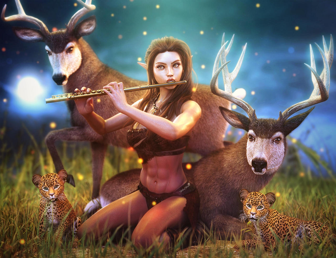 Fantasy elf girl playing the flute, surrounded by deer, leopard cubs, and other animals. Fantasy woman art. Daz Studio Iray image.