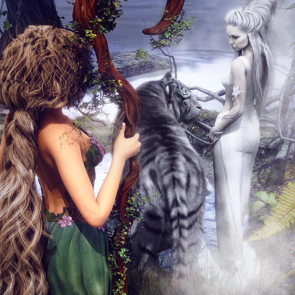 Fantasy art image of the Winter Queen leaving with her white tiger and the beginning of the reign of the Summer Queen. Fantasy women art. Daz Studio Iray image.