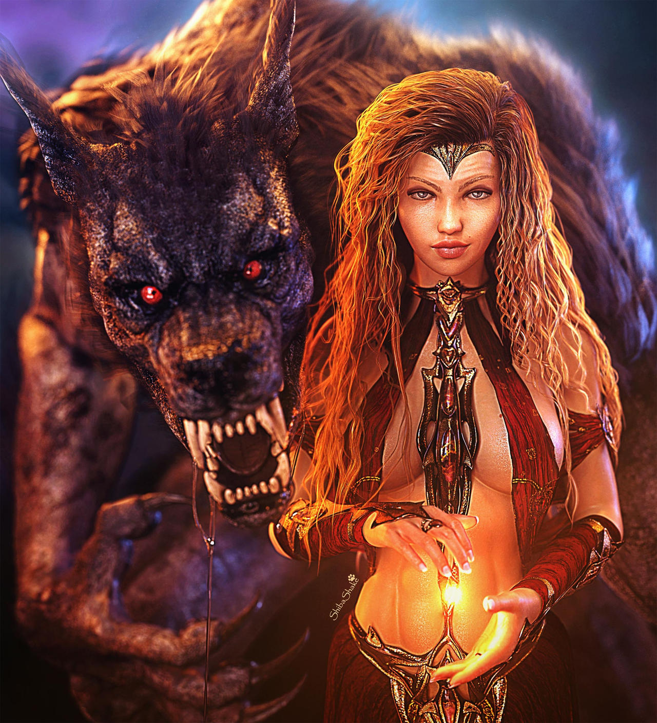 Beautiful girl with light in her hands standing next to a dark monster werewolf. Duality fantasy woman art. Daz Studio Iray image