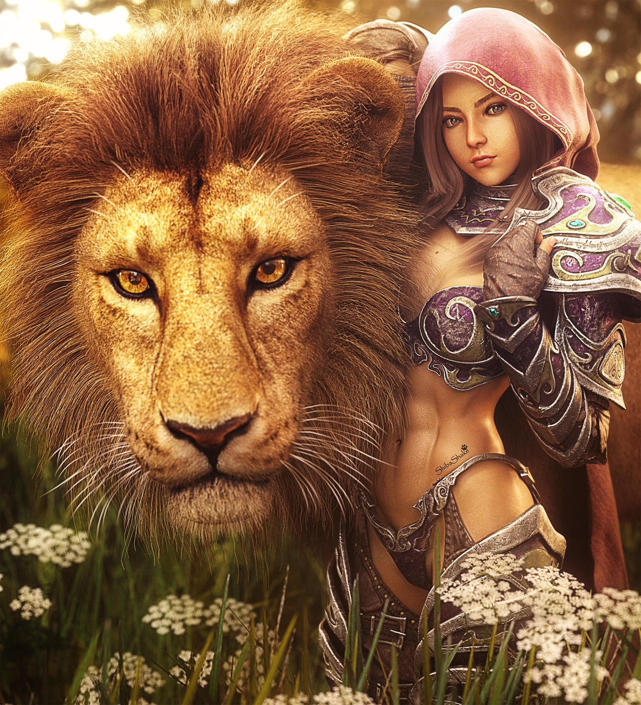 Fantasy girl in cape, hood, and armor standing next to a large lion. Fantasy woman art. Daz Studio Iray image.