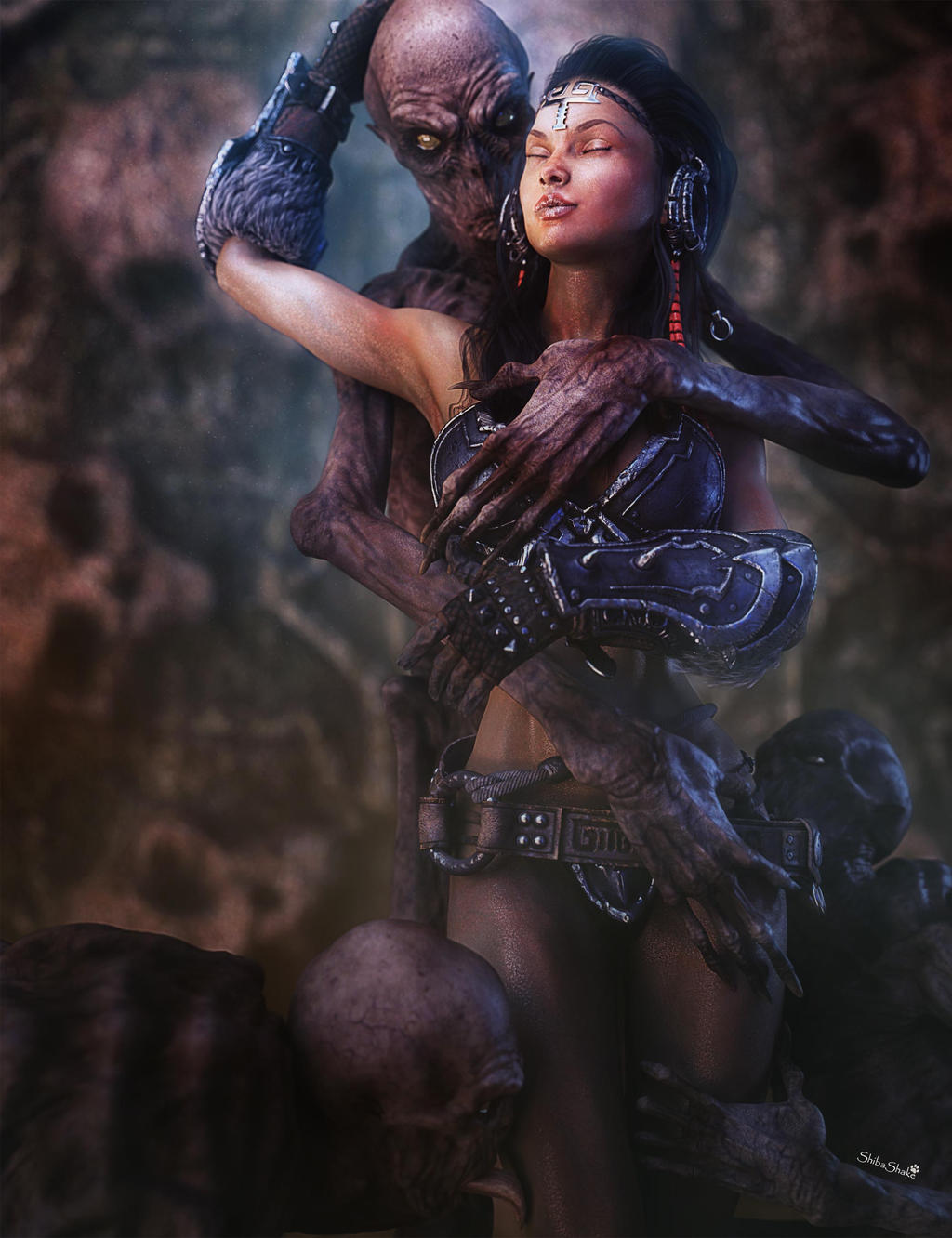 Warrior girl in armor surrounded by hugging and kissing monsters. Gothic fantasy woman art. Daz Studio Iray image.