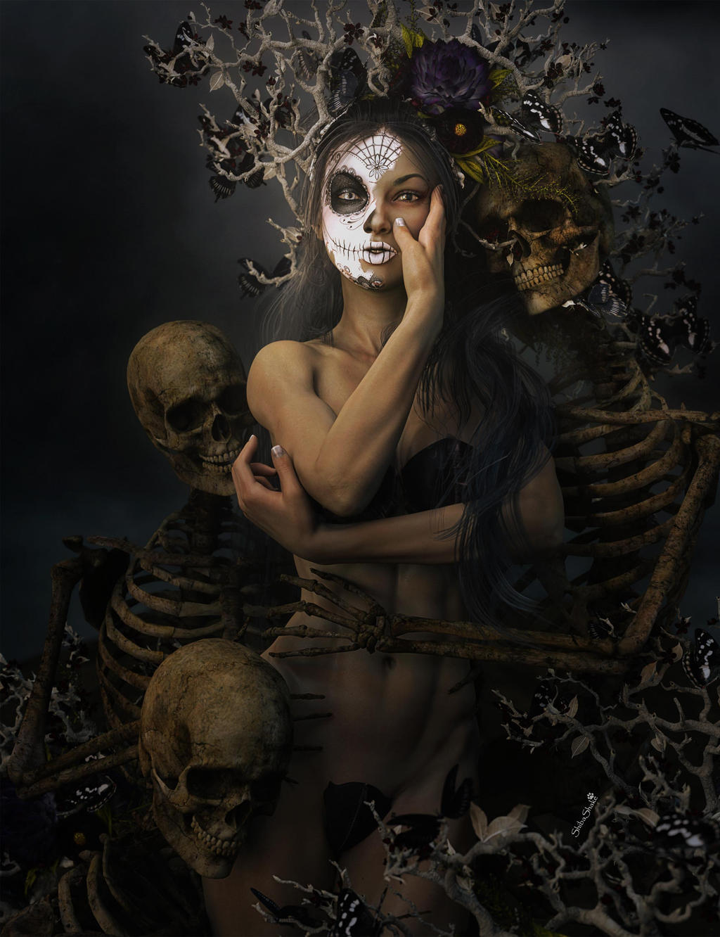 Duality of life and death represented by a day of the dead girl with black flowers and butterflies on her headdress surrounded by skeletons. Gothic fantasy woman art. Daz Studio Iray image.