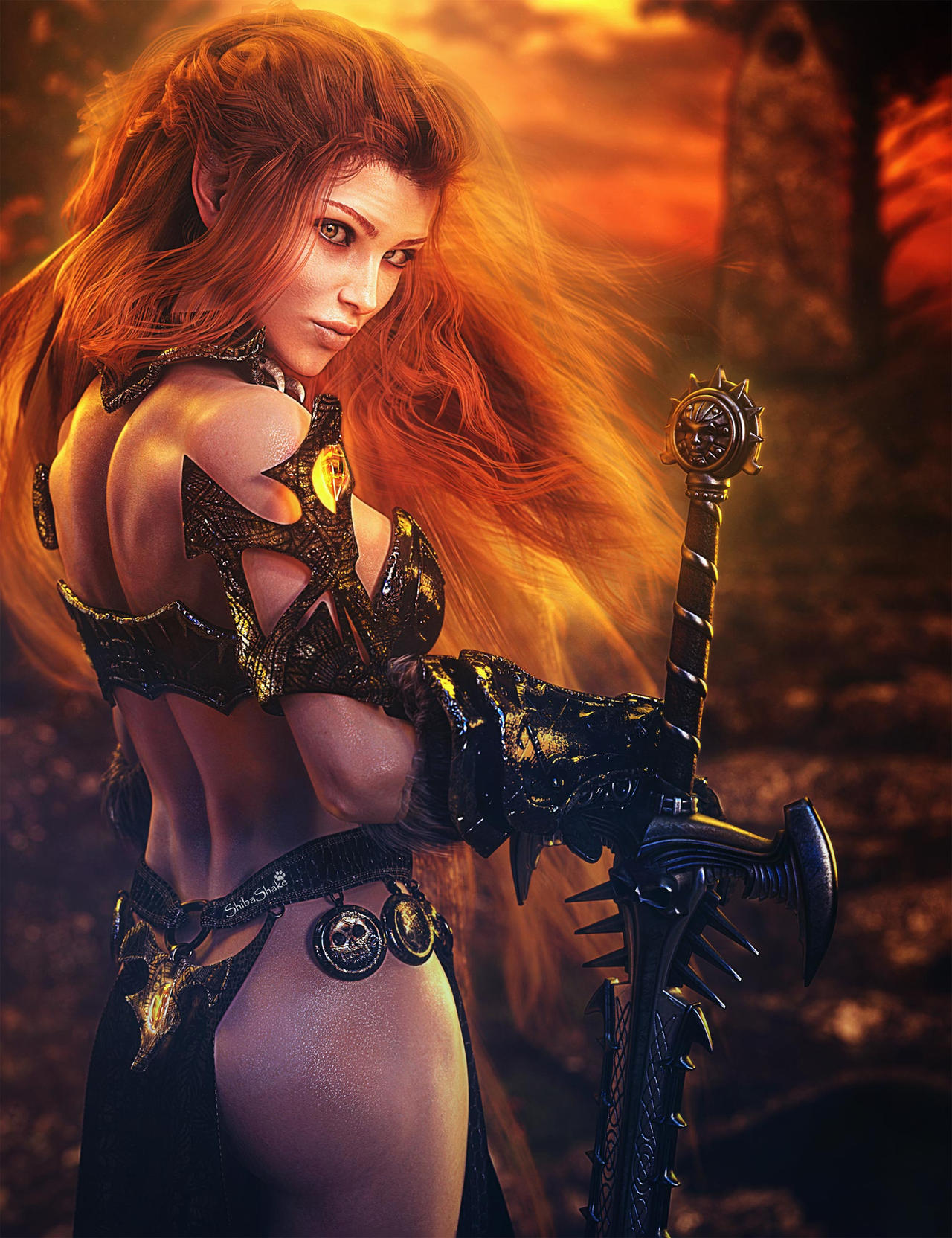 Red haired fierce warrior woman with large sword and armor. Fantasy woman art. Daz Studio Iray image. 