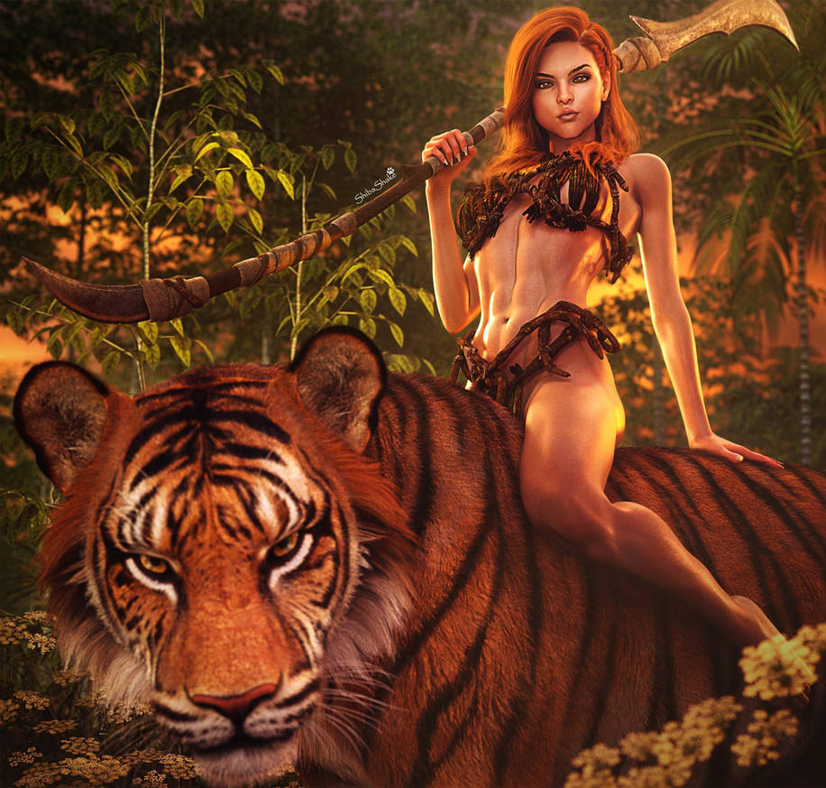 Red haired warrior girl with spear riding on a tiger in a jungle. Fierce fantasy woman art. Daz Studio Iray image.