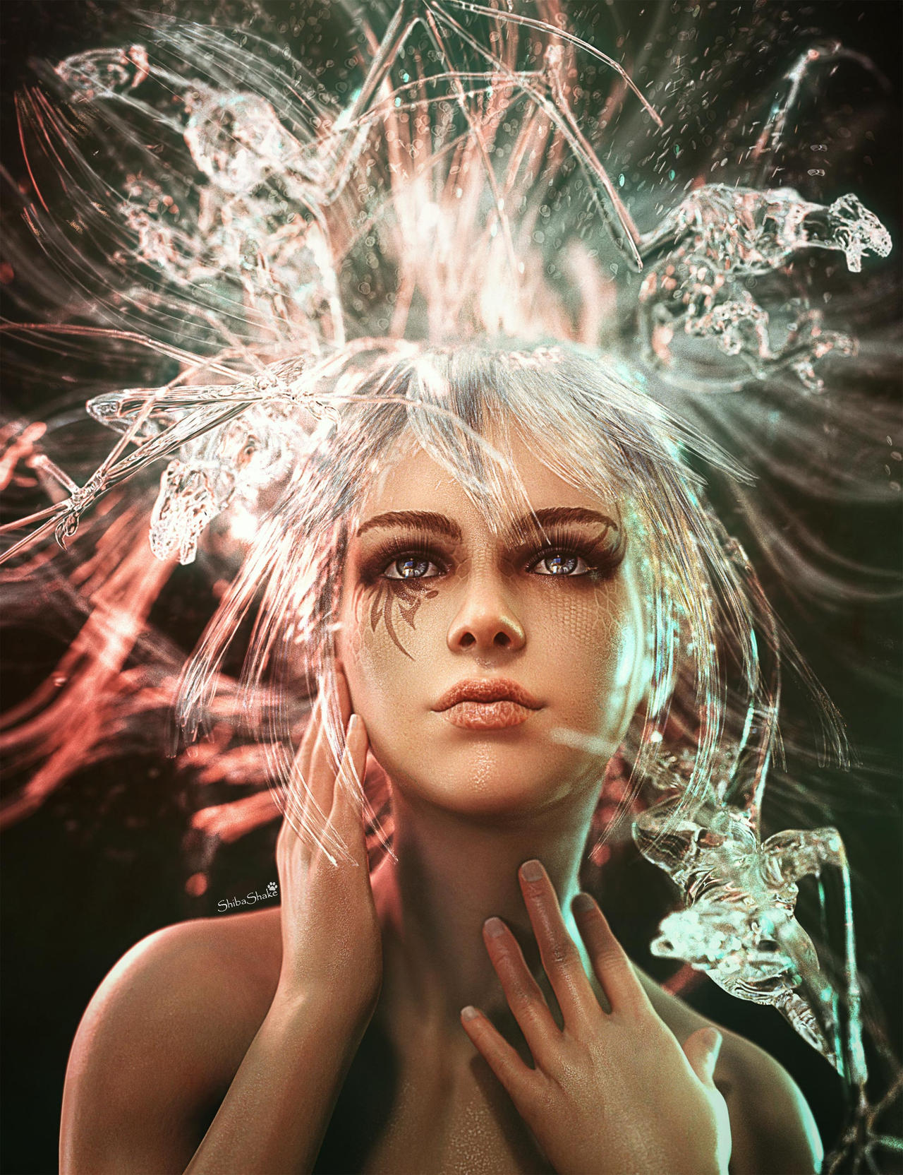 Fantasy girl portrait art with water dragons flying out of her head and water material hair. Everything is changeable. Fantasy woman art. Daz Studio Iray image.